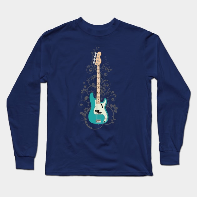 Teal P-Style Bass Guitar Flowering Vines Long Sleeve T-Shirt by nightsworthy